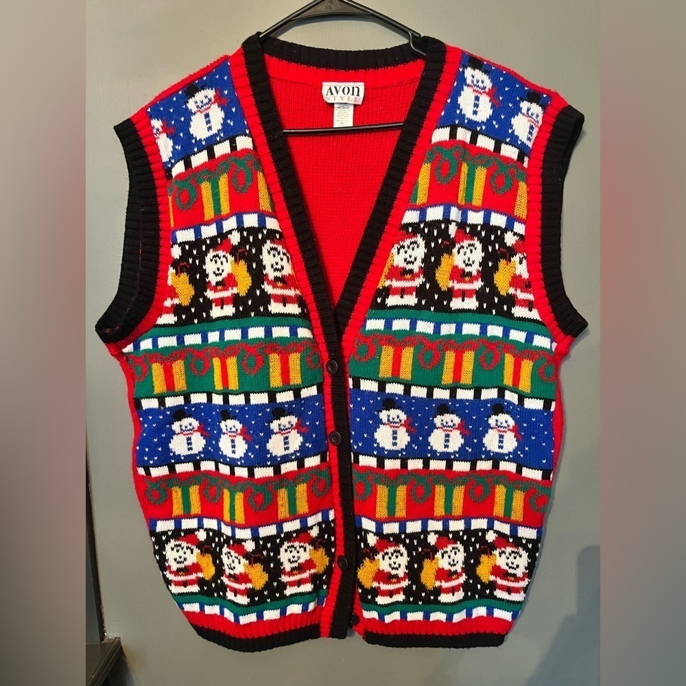 Vintage Over The Top Crazy Busy Ugly Christmas Sweater Vest Santa Snowmen M/L